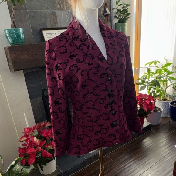 Pendleton Blazer Burgundy Black Flocked Scroll Wool Vintage High Low Sz S - Picture 4 of 15